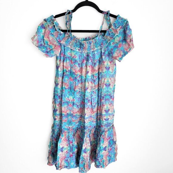 NWT Anthropologie Pepin  Willa Watercolor Ruched Shoulder Boho Mini Dress - Picture 2 of 12